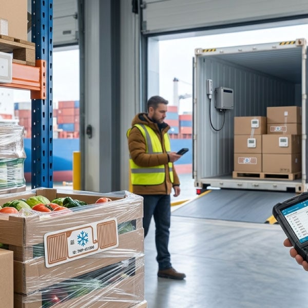 RFID temperature logger attached to a pallet of chilled goods in transit