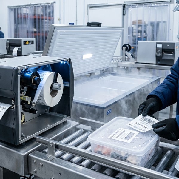 Freezer-grade barcode labels applied to frozen product cartons in cold storage