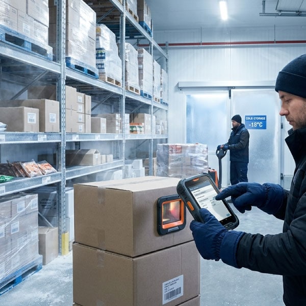 Operator scanning batch and expiry barcodes on refrigerated goods at a loading dock