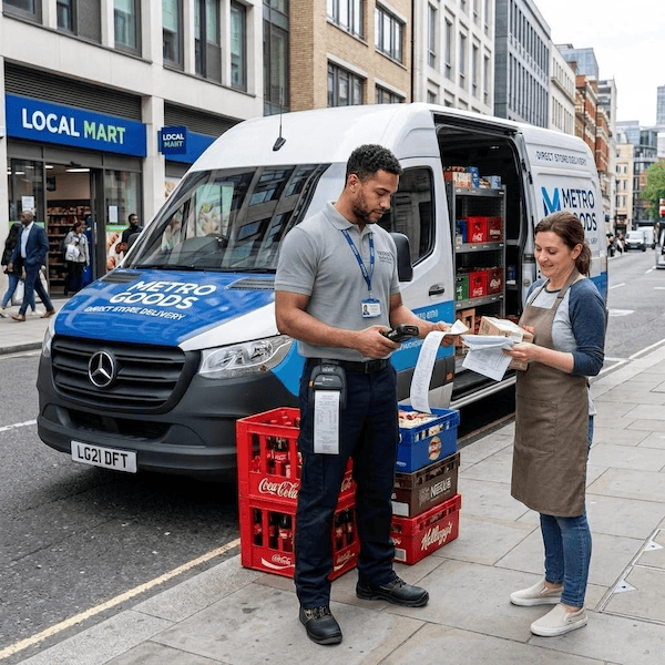 Van sales rep confirming a direct store delivery with a retailer using a mobile device and proof of delivery app