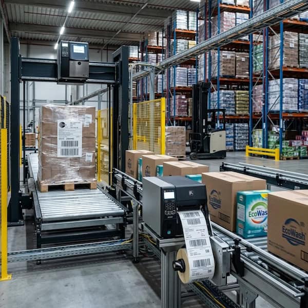 Automated print-and-apply system applying GS1 case labels to palletised FMCG goods