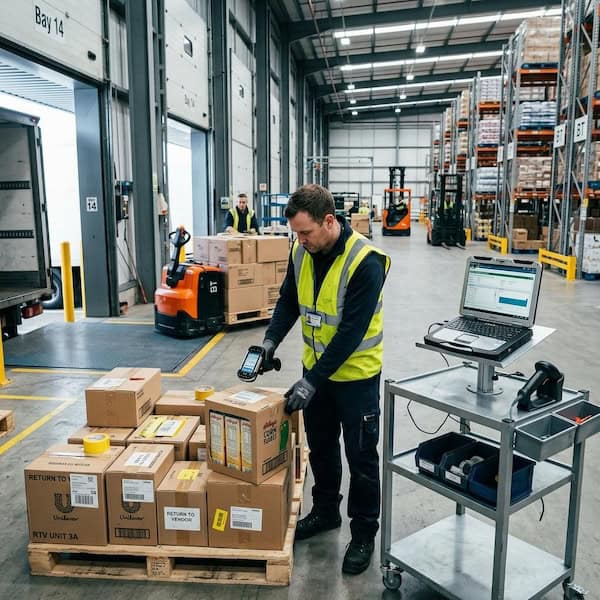 Warehouse operator processing returned cartons at a mobile workstation with barcode scanning and stock receiving app