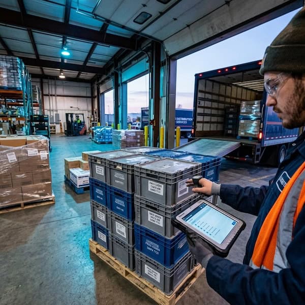 Worker verifying labelled cases on a pallet with a tablet during despatch