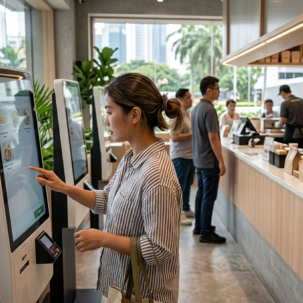 Customer placing an order at a self-ordering kiosk in a quick-service restaurant