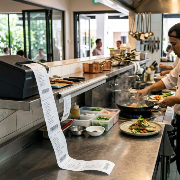 Kitchen printer producing an order docket at a restaurant kitchen station