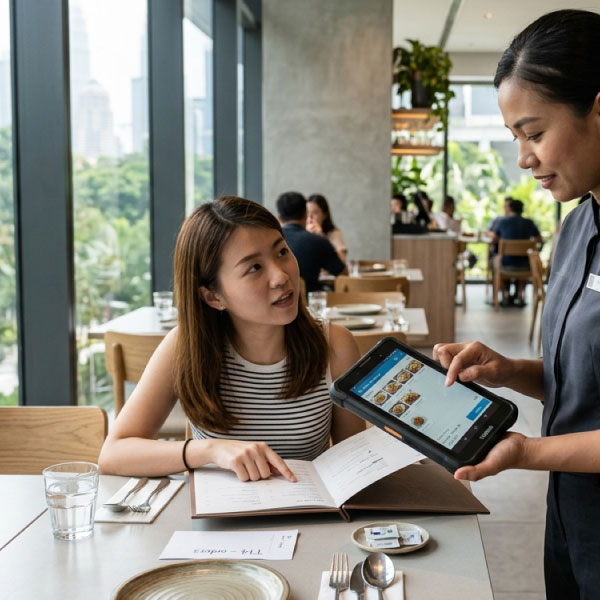 Server taking a tableside order on a mobile device in a restaurant