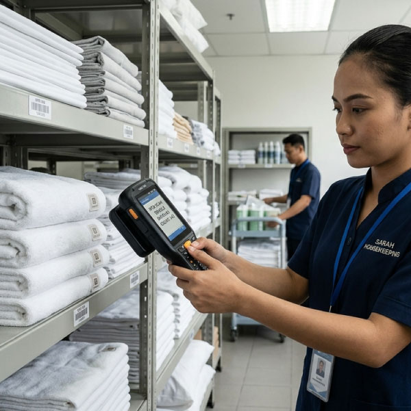 Hotel staff scanning RFID-tagged linen during a housekeeping stock count