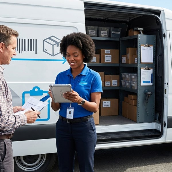 Sales rep processing an on-site order at a retail outlet on a mobile device