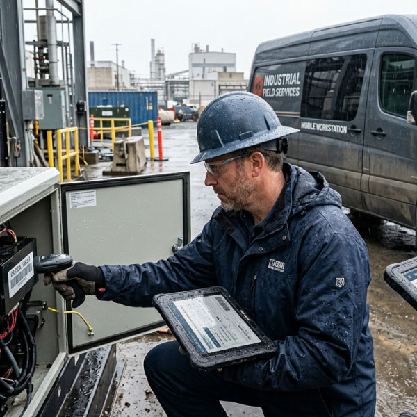 Technician completing a digital work order after servicing commercial equipment