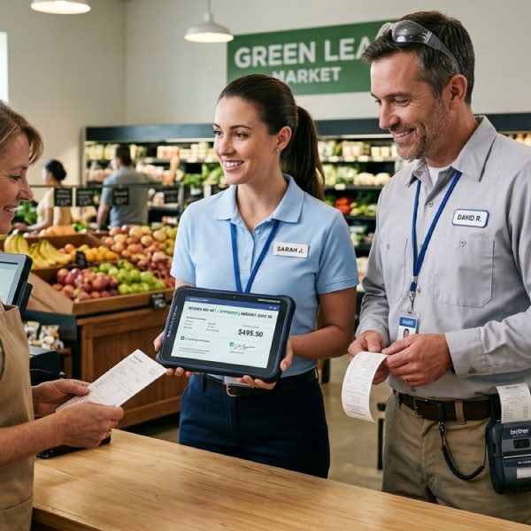 Mobile receipt printer producing an on-site invoice after a completed visit