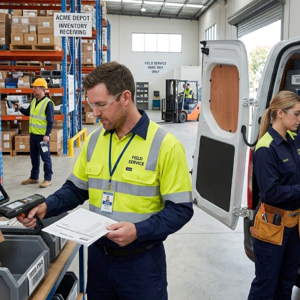 Barcode-labelled spare parts and tools organised inside a service van