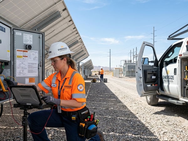 Field service worker on maintenance work and repair using enterprise tablet