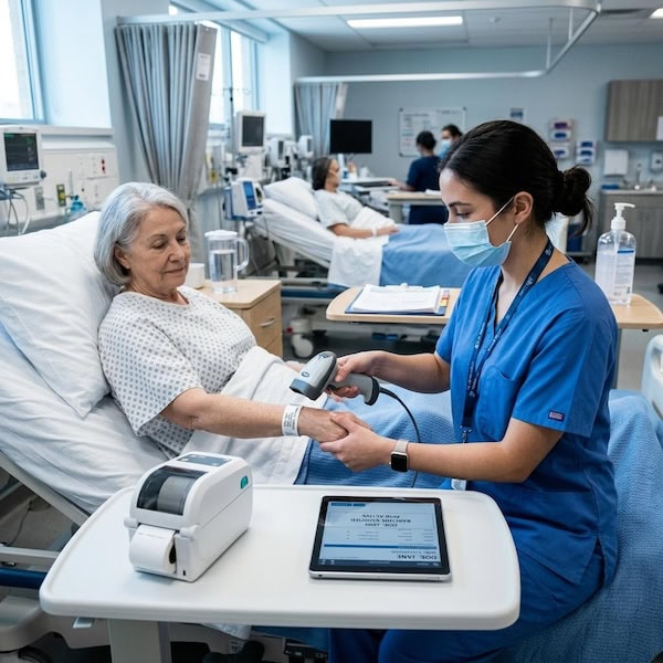 Patient identification wristband being scanned with an antimicrobial healthcare barcode scanner