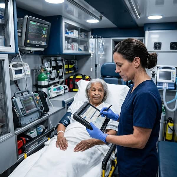 Nurse updating electronic medical records in ambulance on a healthcare-grade mobile computer