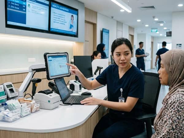 Nurse scanning printing a patient wristband barcode at the registration counter in a Malaysian hospital