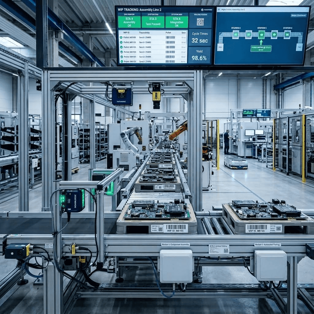 Fixed industrial scanner scanning sub-assemblies on an automated production line