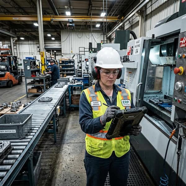 Operator reporting machine downtime on a tablet at the machine side