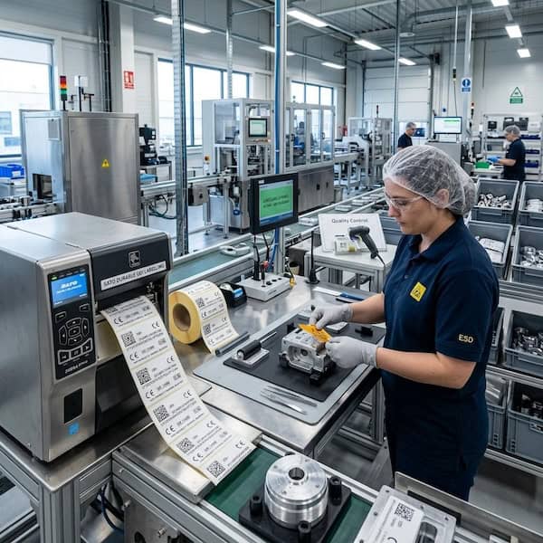 Industrial thermal transfer printer producing heat and chemical resistant UDI compliance labels