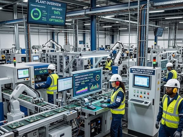 Operators monitoring automated production lines with real-time tracking displays in a smart factory