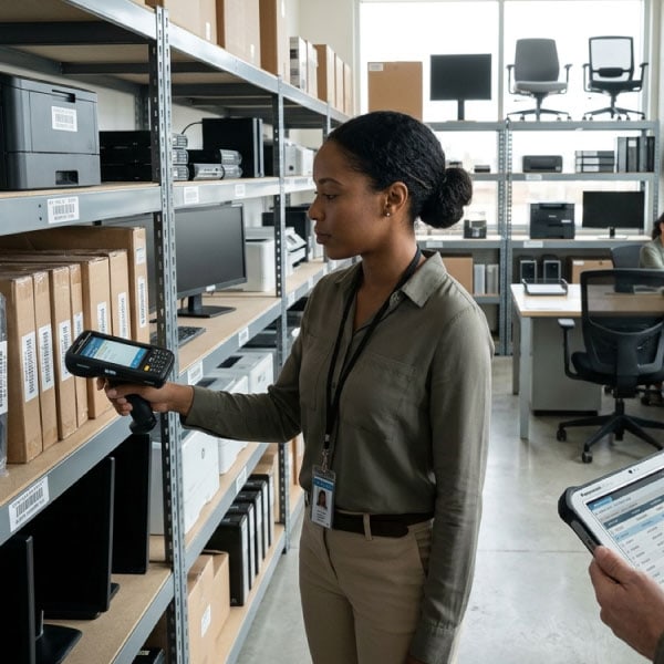 Officer conducting a room-by-room asset verification with a handheld RFID reader