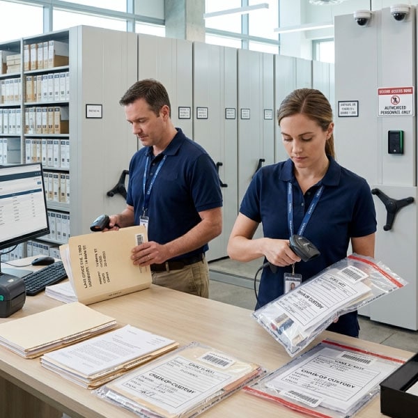 Barcode-labelled physical files tracked in a government records room