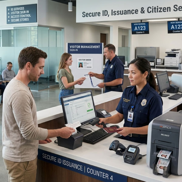 Staff pass being verified by scan at a secure government facility entrance