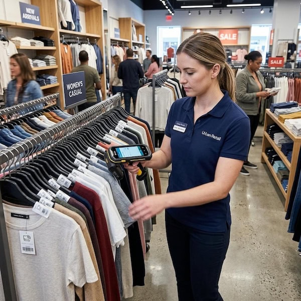Staff cycle counting clothing racks with a handheld RFID reader in a retail store