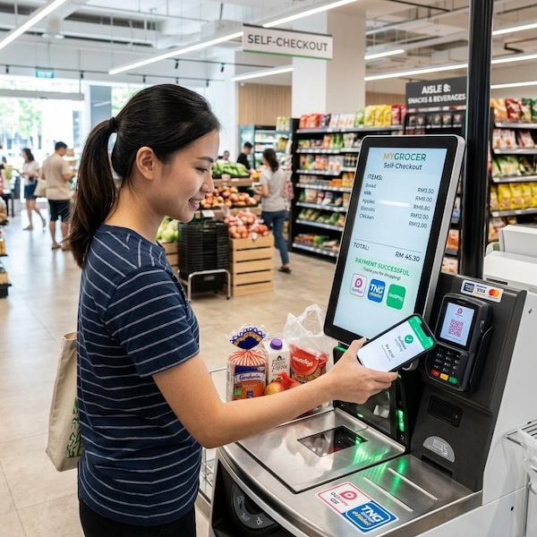 Customer paying with an e-wallet at a self-checkout kiosk in a Malaysian supermarket