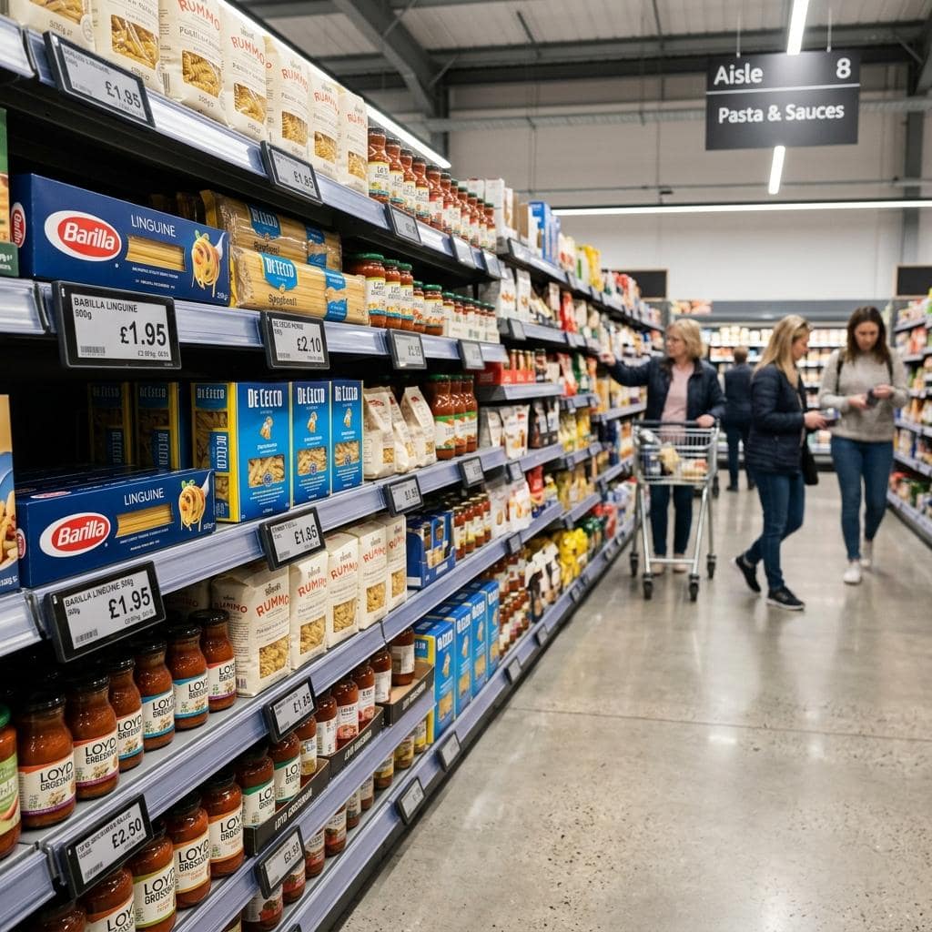 Electronic shelf labels showing synchronised prices on supermarket shelves