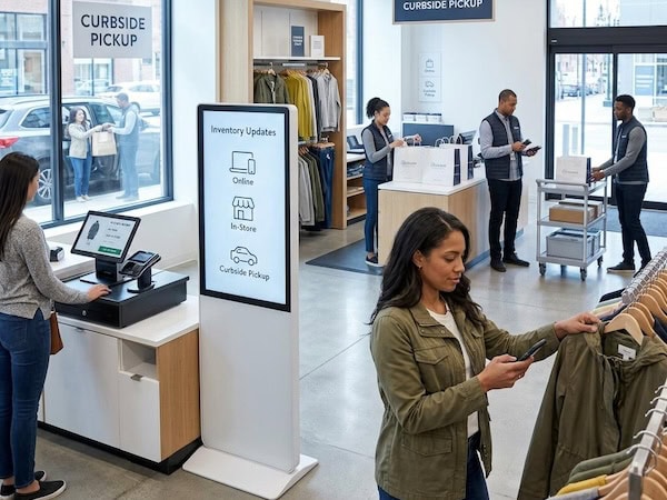 Retail store with POS counter, omnichannel inventory signage and pickup collection